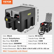 VEVOR Réservoir Diesel Portable, 220 L, Cuve de Ravitaillement 40 L/min avec Pompe de Transfert Électrique 12 V, Tuyau 4 m, Buse de Ravitaillement Automatique, Transport Facile, pour Véhicules, Noir