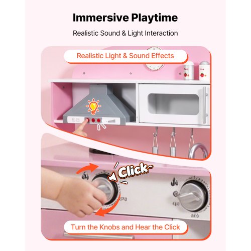 Cuisine en Bois Enfant, Cuisine de Jeu pour Enfants avec Lumières et Sons, Aliments et Ustensiles, Micro-ondes, Four et Bouton Rotatif, Jouet d'Imitation Filles et Garçons de 3 à 8 Ans