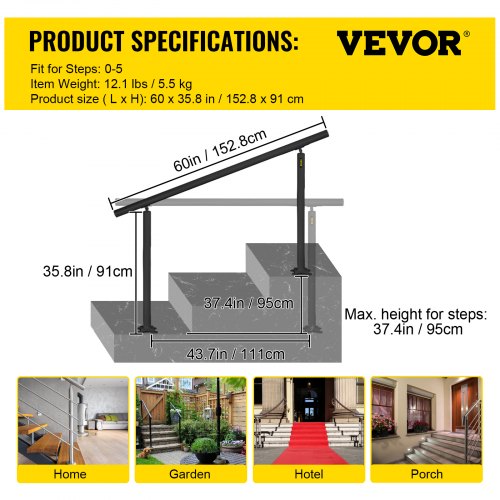VEVOR Main Courante Escalier 152,8 x 91 cm Rampe Escalier Noir Capacité de 70 kg Balustrade Escalier 0 à 5 Étapes Aluminium Robuste Accessoires Complets pour Divers Escaliers Intérieurs et Extérieurs