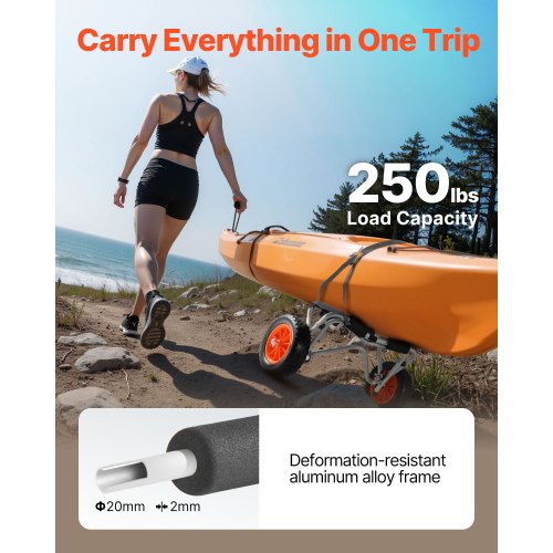 VEVOR Chariot de Kayak, Capacité de Charge 113 kg, Chariot de Transport Paddle, avec Pneus en Caoutchouc Plein 19 cm, Pieds de Support, Sangle d' Arrimage, pour Transport de Kayaks, Canoës, Paddles