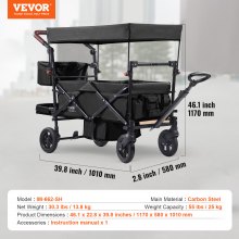 VEVOR Chariot Pliable pour 2 Enfants Poussette Transport 25 kg avec Auvent Noir