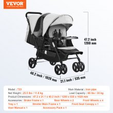 VEVOR Poussette double pliable légère siège tandem pour bébé gris clair noir