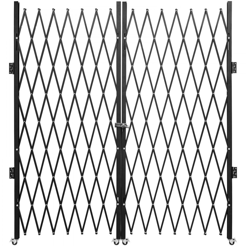 Portail de sécurité pliant VEVOR noir avec motif losange et serrure, sur roulettes.