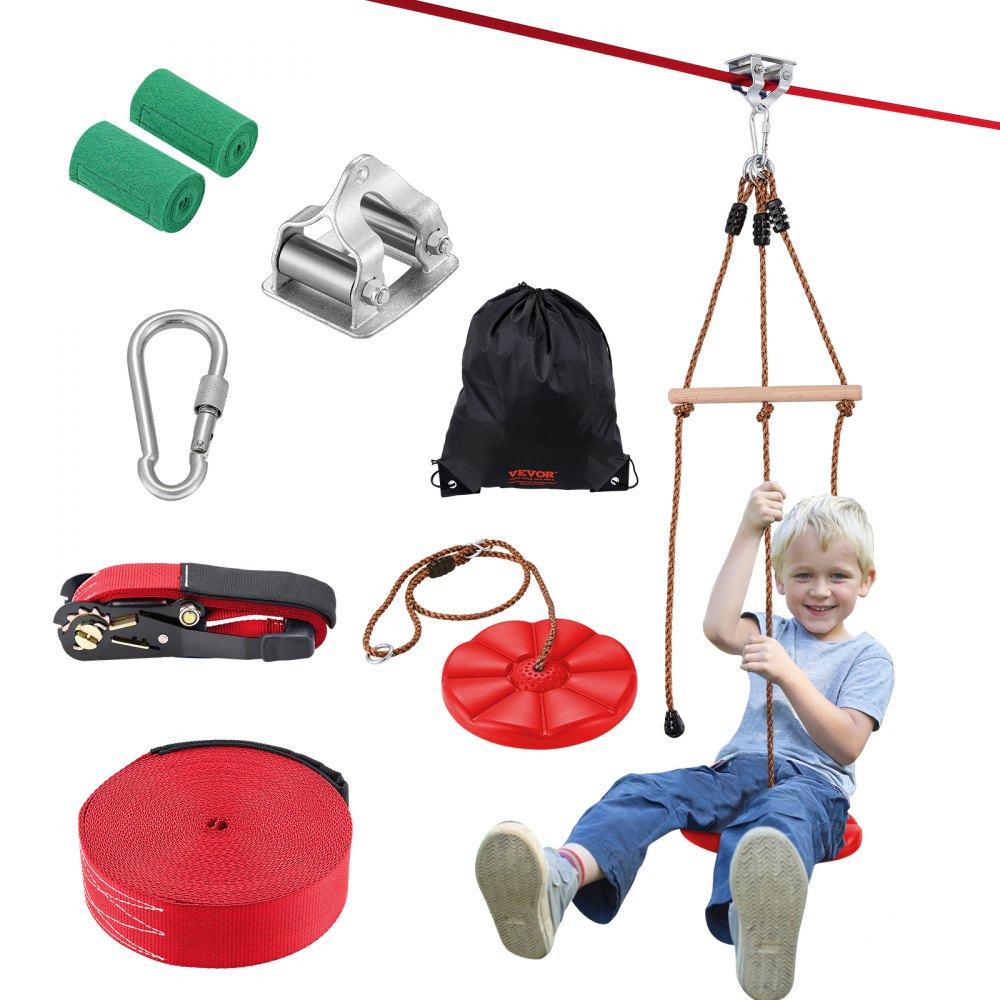 VEVOR Tyrolienne pour Enfants et Adultes 19,8 m, Kit de Tyrolienne Complet Charge 227 kg, Configuration Facile, avec Harnais de Sécurité en Nylon, Siège et Guidon, pour Jardin Arrière-cour Extérieur