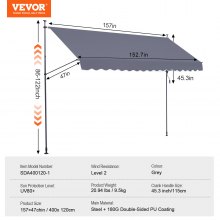 VEVOR Auvent de terrasse rétractable avec manivelle 400 x 120 cm pour patio gris