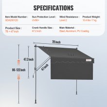 VEVOR Auvent Rétractable 2 x 1,2 m Store Banne Manuel Terrasse Extérieur Hauteur Réglable Résistant au Vent/UV Auvent avec Rideau Pare-soleil 1 m et Manivelle pour Patio, Arrière-cour, Jardin, Balcon