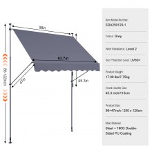 VEVOR Auvent de terrasse rétractable avec manivelle 250 x 120 cm pour patio gris