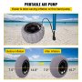 Roues de ballon de plage VEVOR avec pompe présentant la facilité de gonflage et comparaison des tailles avant et après.