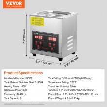 VEVOR Nettoyeur à Ultrasons 2L en Acier Inoxydable Bac Ultrasons Numérique avec Chauffage Temps et Température Réglables Appareil de Nettoyage Ultrasonique pour Bijoux Lunettes Montres Labo Clinique