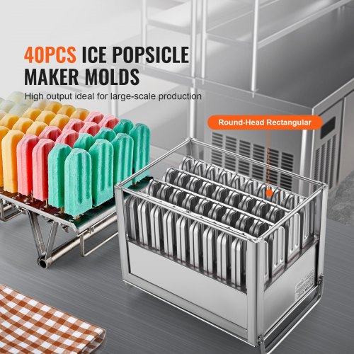 VEVOR Moules a glace commerciaux, 40 moules a popsicle a tete ronde avec double fente, machine a popsicle en acier inox, support de moule pour machine a creme glacee avec 50 batons