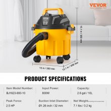 VEVOR Aspirateur eau et poussière d'atelier sec/humide 10 L 2,5 CV max jaune