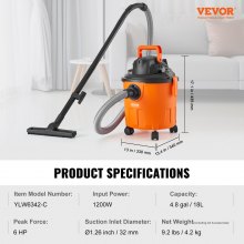 VEVOR Aspirateur eau et poussière d'atelier sec/humide 18 L 6 CV max orange