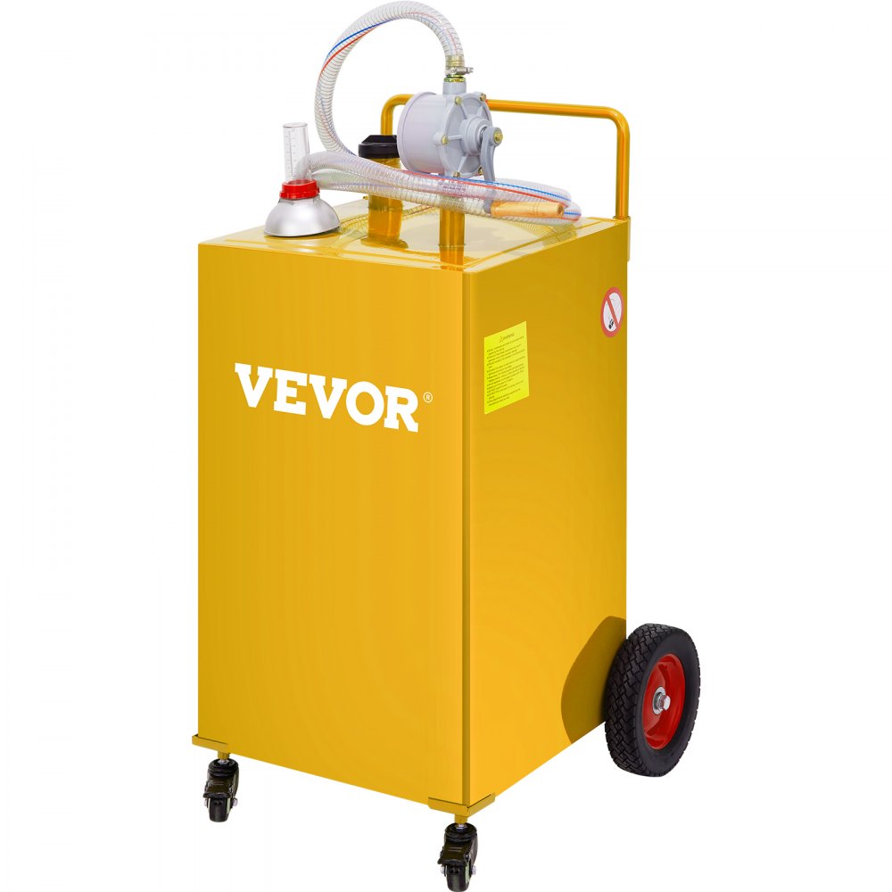 VEVOR Chariot de carburant 30 gallons réservoir de stockage d'essence 4 roues, pompe de transfert manuelle, conteneur de carburant essence diesel pour voitures, tondeuses à gazon, VTT, bateaux, jaune