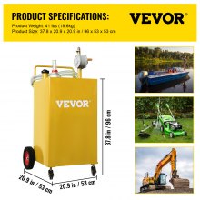 VEVOR Chariot de carburant 30 gallons réservoir de stockage d'essence 4 roues, pompe de transfert manuelle, conteneur de carburant essence diesel pour voitures, tondeuses à gazon, VTT, bateaux, jaune