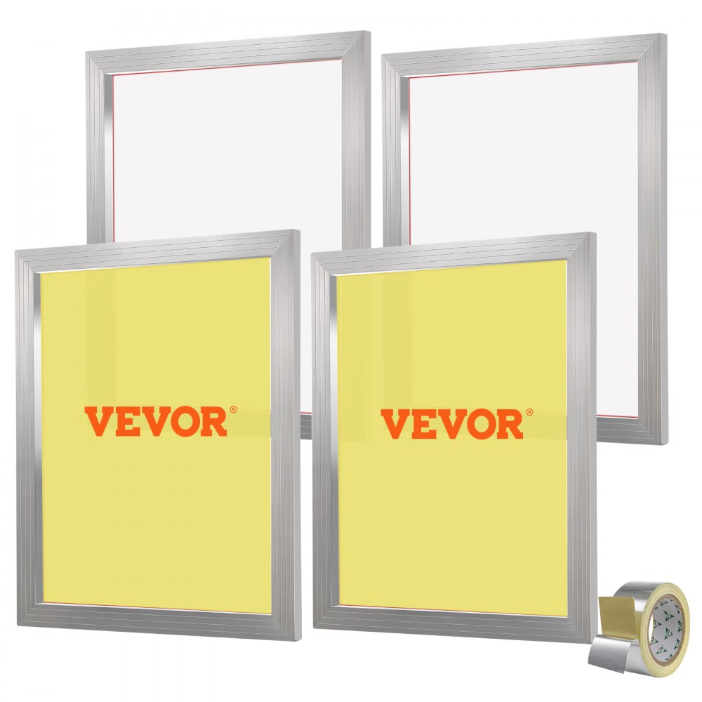 quatre écrans du kit de sérigraphie VEVOR avec cadres en aluminium, deux jaunes et deux blancs.