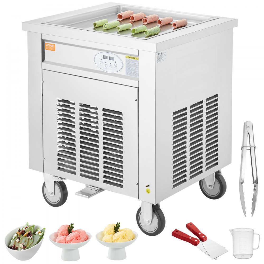 VEVOR Machine à Glace Roulée 50x50x3,5 cm, Plancha à Glace Roulée Commerciale en Inox Alimentaire, Machine à Rouler la Glace avec Compresseur et 2 Grattoirs, pour Bars Cafés Boutiques de Desserts