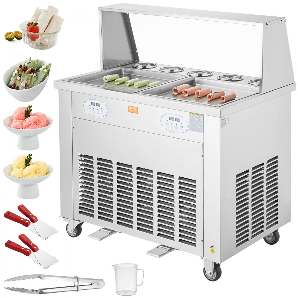 VEVOR Machine à Glace Roulée avec 2 Casseroles 38x38 cm, Plancha à Glace Roulée Commerciale en Inox Alimentaire, Machine à Rouler la Glace avec Compresseur et 4 Grattoirs, pour Boutiques de Desserts