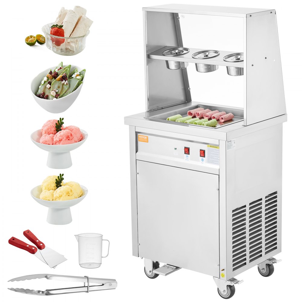 VEVOR Machine à Glace Roulée 35x35x3,5 cm, Plancha à Glace Roulée Commerciale en Inox Alimentaire, Machine à Rouler la Glace avec Compresseur et 2 Grattoirs, pour Bars Cafés Boutiques de Desserts