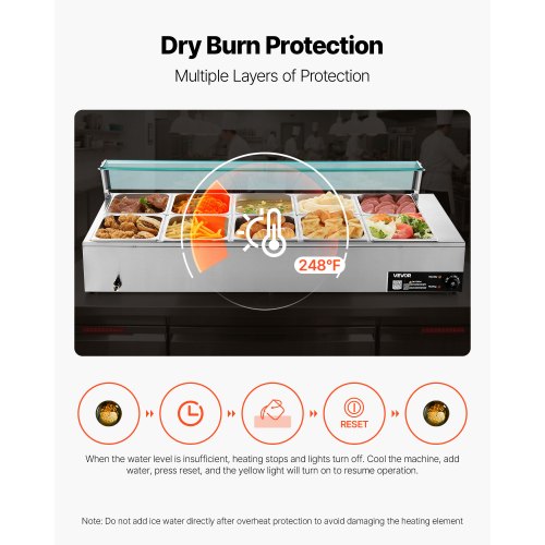 Chauffe-plat électrique à Vapeur VEVOR 1700W - 10 Bacs 1/2 GN, Inox, Réglable 30-85°C - Pour Buffet, Restaurant, événements