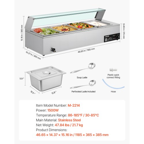 Chauffe-Plat Électrique à Vapeur VEVOR 1500W - 4 Bacs 1/2 INOX - Pour Buffet Et Restauration - 6
