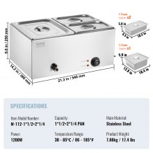 VEVOR Chauffe-Plat Buffet Bain-Marie Électrique de Comptoir 3 Bacs en Inox 16 L