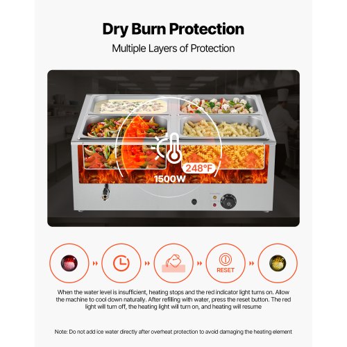 Chauffe-plat électrique à Vapeur 1500W Inox - 4 Bacs 1/2 GN, Température Réglable 30-85°C - Pour Buffet, Restauration
