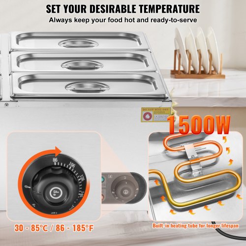 VEVOR Chauffe-Plats Buffet 6 Bacs 13.5L 1200W - Bain-Marie Électrique Acier Inoxydable Température Réglable