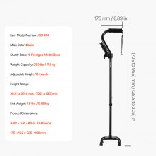 VEVOR Canne de Marche Réglable en Hauteur 10 Niveaux avec Base Stable 4 Pieds