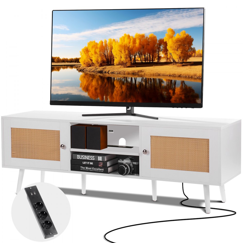 VEVOR Meuble TV en Rotin pour Téléviseur 65" Banc TV avec Prise Intégrée Blanc