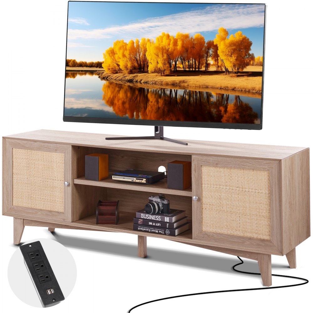 VEVOR Meuble TV en Rotin pour Téléviseur 75" Banc TV avec Prise Intégrée Chêne