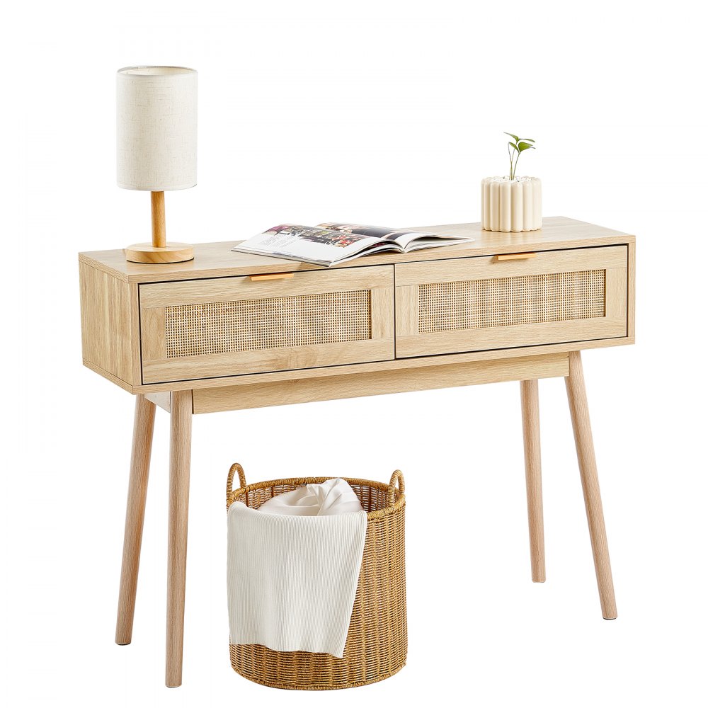 VEVOR Table console en rotin avec 2 tiroirs de rangement porte coulissante salon