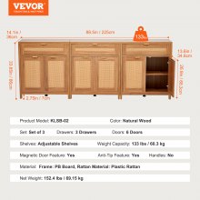 VEVOR Buffet en Rotin Armoire avec 6 Portes 3 Tiroirs Étagères Réglables 3PCs