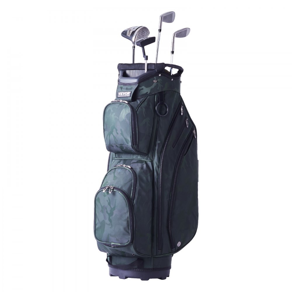 Sac de chariot de golf VEVOR avec clubs, motif camouflage vert, plusieurs poches zippées, base robuste.