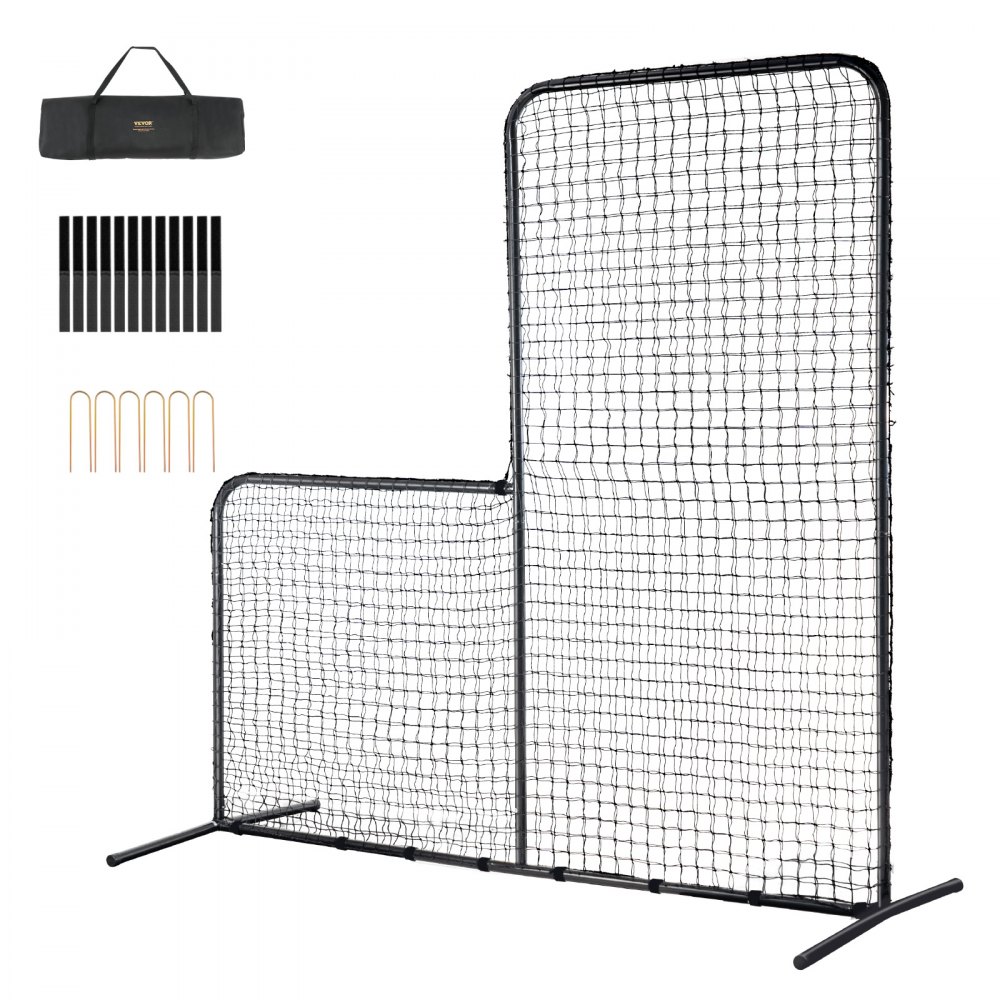 Cage de frappe de baseball VEVOR avec filet, tiges stabilisatrices, piquets en forme de U et sac de transport.