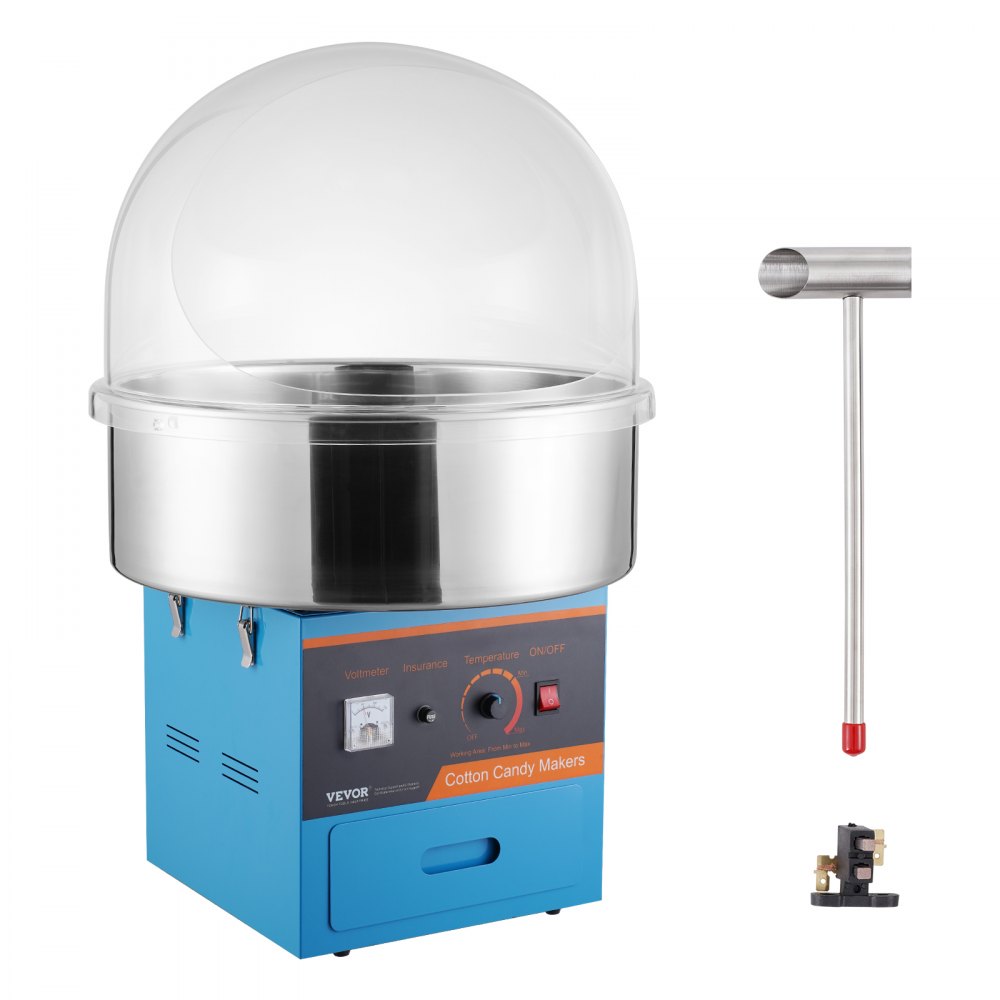 VEVOR Machine à Barbe à Papa Commerciale 1000 W, Appareil à Barbe à Papa Électrique avec Couvercle Bleu, Bol en Acier Inoxydable, Cuillère à Sucre, Tiroir, pour Faire Bonbons Fête Anniversaire