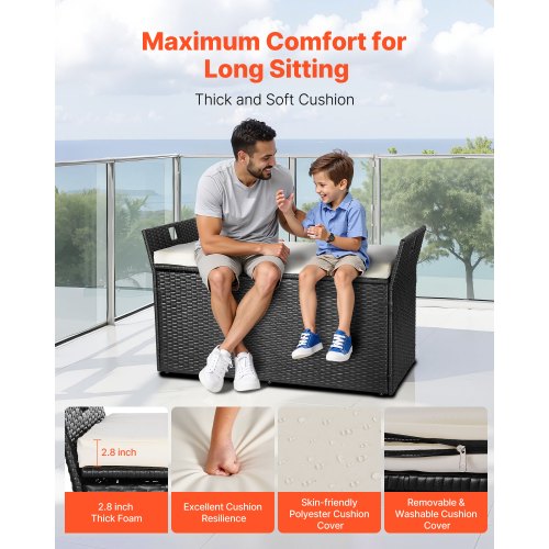 CorLiving Parksville Banc de rangement extérieur en résine tressée et acier PVC sans coussin pour 2 personnes pour jardin, balcon, terrasse ou terrasse Noir