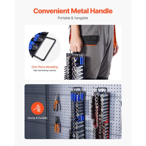 VEVOR Kit 2 Plateaux à Douilles Portables – 160 Douilles Max (1/4, 3/8, 1/2), Clips Réglables, Poignée, Pour Tiroir Ou Atelier Rangement Outils