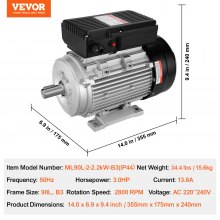 VEVOR Moteur 2,2kW 2800tr/min CA 220-240V 13,8A monophasé arbre à clavette 24mm