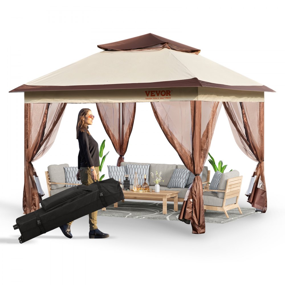 VEVOR Gazebo de Jardin 334x334 cm Tonnelle de Terrasse avec Moustiquaire Pop-up pour 8-10 Personnes avec Cadre Métallique, Toile Oxford 250D Enduite de PU, Abri Extérieur pour Pelouse, Arrière-cour