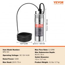 VEVOR Pompe à eau solaire, 120 W, pompe de puits profond submersible, 12 V CC, 3,2 GPM, levage 70 m, submersion maximale 30 m, pompe à eau à énergie solaire pour puits, irrigation de ferme, ranch