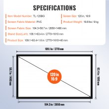 VEVOR Grand écran de Projection HD 120 ", Toile de Projecteur 16:9, écran de Projecteur 3D Cadre en Alliage d'Aluminium, Grande Zone d'Affichage pour Vidéo Projecteurs à l'Extérieur et à La Maison