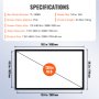 Spécifications de l'écran de projection VEVOR : 130 pouces, 16:9, PVC, poids 21,8 lb, taille du support 118,1 x 68,5 pouces.