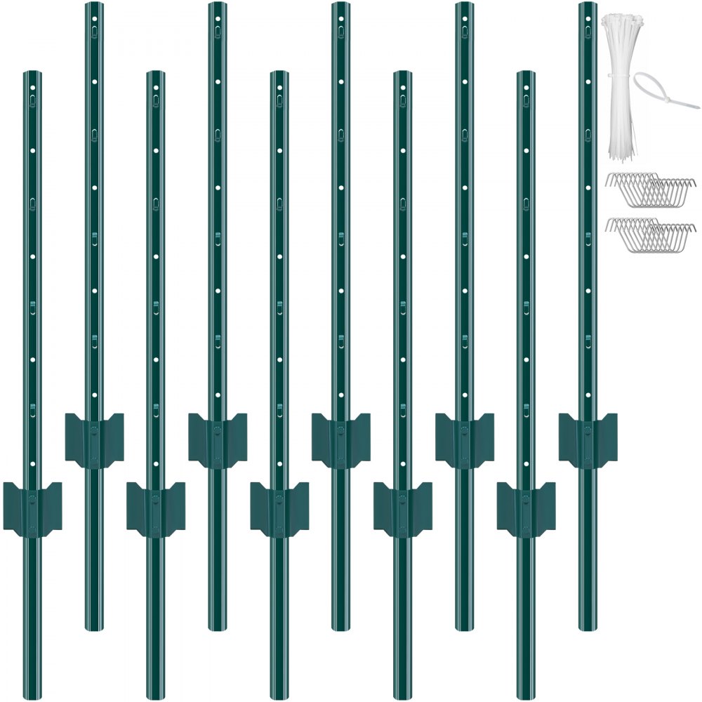 VEVOR Lot de 10 Poteaux de Clôture en Métal Piquets Robustes Jardin 91,44cm Vert