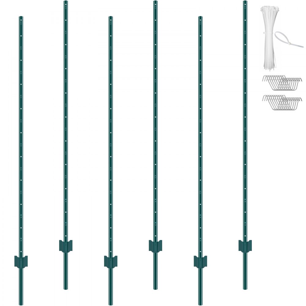 VEVOR Lot de 6 Poteaux de Clôture Métal Piquets Robustes Jardin 182,88 cm Vert