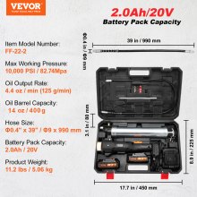 VEVOR Pistolet à Graisse Sans Fil 20 V Pistolet à Graisse Électrique 82,74 MPa Kit Pistolet Graisseur Professionnel Alimenté par Batterie Débit Huile 125 g/min Tuyau 990 mm avec Mallette de Transport