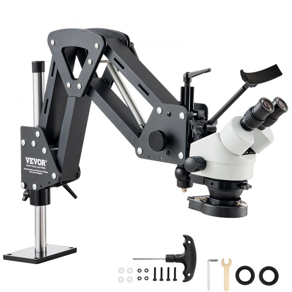 Microscope VEVOR 7x-45x sur un support à bras réglable avec accessoires comprenant des vis, des rondelles et des outils.