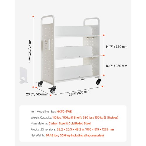 Chariot à Livres, Capacité De Charge 150 Kg, Chariot De Bibliothèque, 97x51,5x122,5 Cm, Étagère De Rangement Livres Double Face En W Avec Roulettes Double Frein, Pour Salon, Bureau, École, Noir