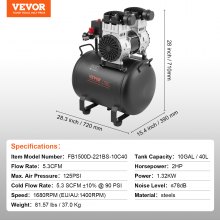 VEVOR Compresseur Air Compact Portable Sans Huile Réservoir 40 L 90 PSI 1,25 kW