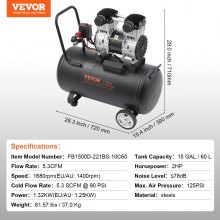 VEVOR Compresseur Air Compact Portable Sans Huile Réservoir 60 L 90 PSI 1,25 kW