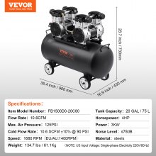 VEVOR Compresseur Air Compact Portable Sans Huile Réservoir 75 L 90 PSI 3 kW